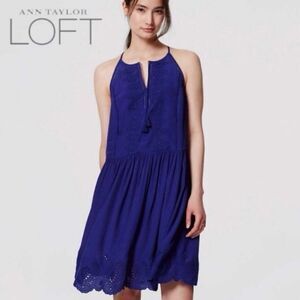 LOFT Eyelet Halter Dress Size L Royal Blue Layering Transitional Fall Casual